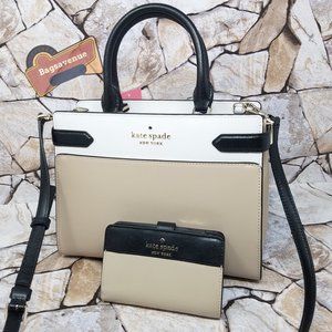 KATE SPADE STACI MEDIUM SATCHEL SHOULDER BAG CROSSBODY BEIGE WHITE BLACK  LEATHER